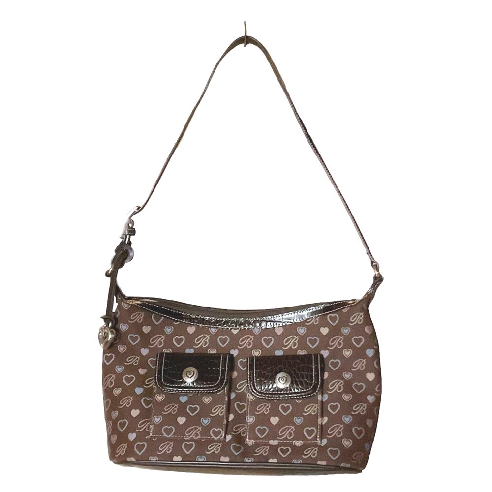 Brighton Satchel Purse Hearts Brown Jacquard Fabric Leather Moc Croc Trim